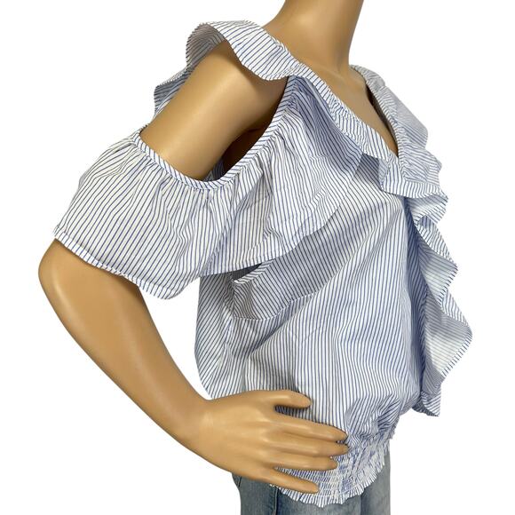 2/$15 NWT Ashley Stewart Ruffle Cold Shoulder Top Blue Striped Size 14 - Picture 3 of 10
